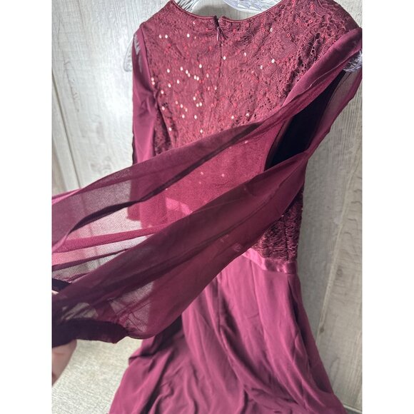 Womens S Burgundy Formal Dress Sequins Lace Bodice Sheer Sleeves Back Zipper - Picture 4 of 11